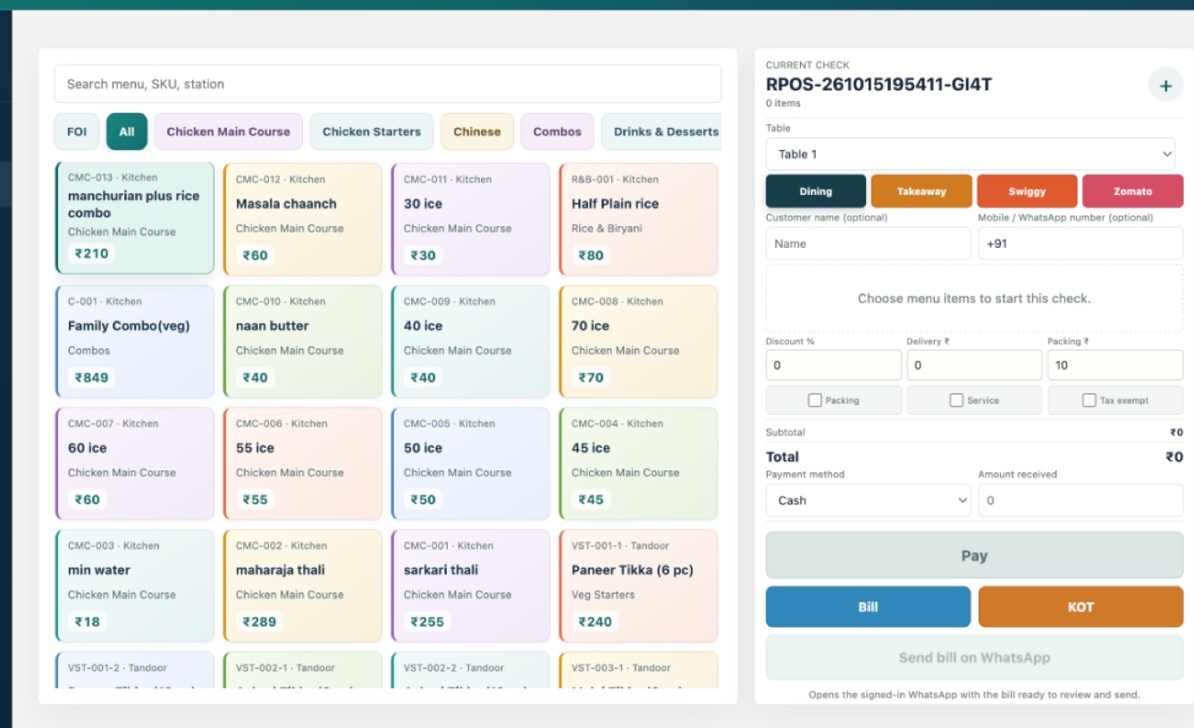 Petu POS billing screen with menu search, order types, check totals, payment controls, and a KOT action.