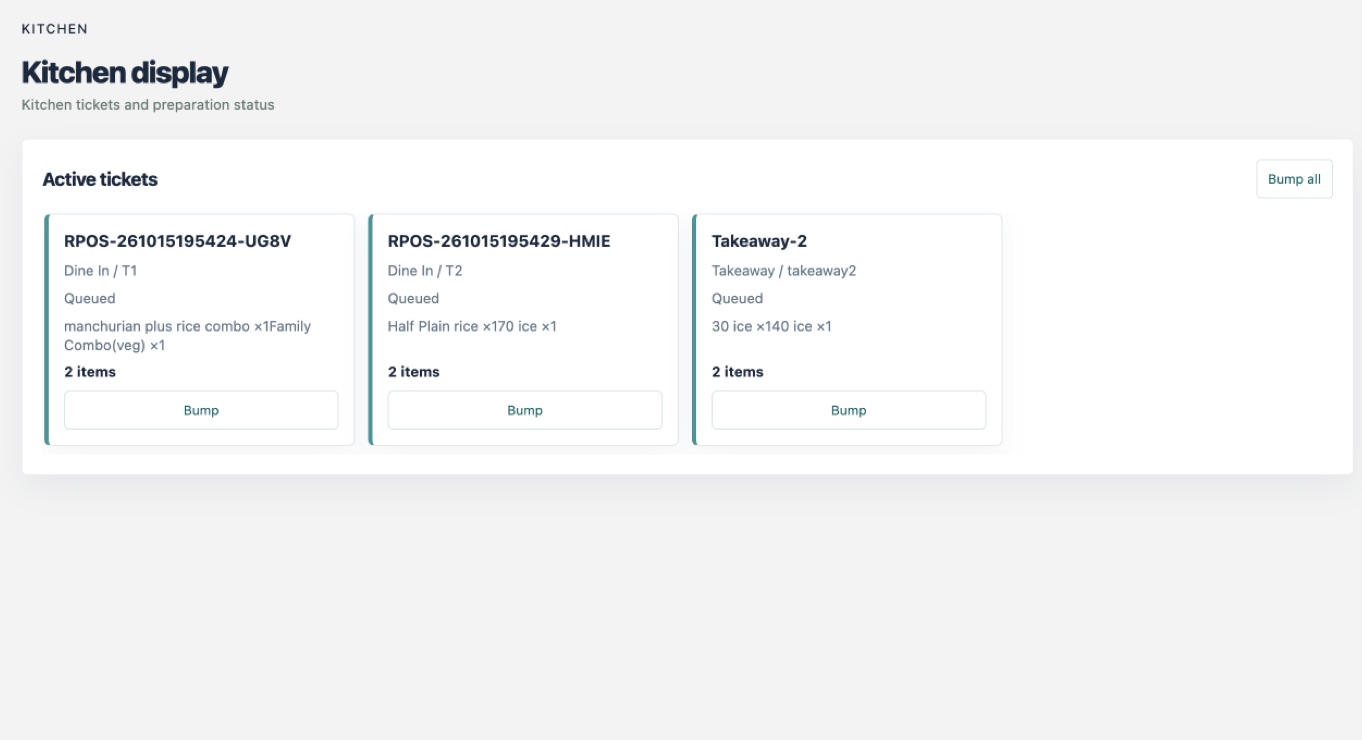 Petu POS kitchen display showing active dine-in and takeaway tickets with preparation status and bump controls.