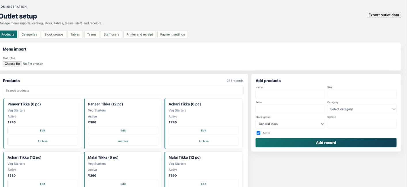 Petu POS menu administration with product categories, prices, stock groups, and product management controls.