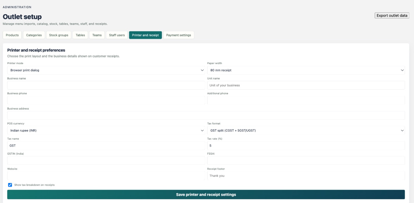 Petu POS printer and receipt preferences with GST tax format, printer mode, and receipt details.