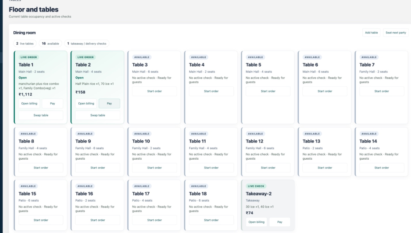 Petu POS floor view with open and available restaurant tables, active checks, and table actions.